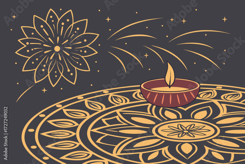 intricate gold floral pattern, glowing diya lamp, radiant fireworks explosion, dramatic lighting, fantasy, digital art