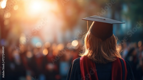 A graduate in academic regalia stands in front of a crowd at a graduation ceremony.