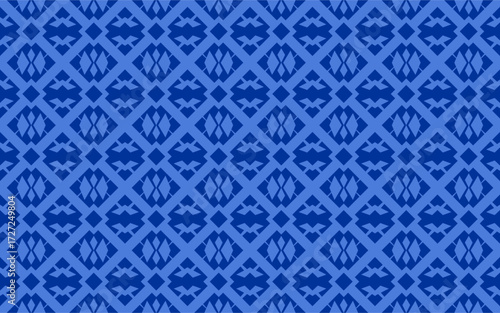 Blue geometric seamless pattern with diamond shapes, giving a modern and traditional fusion look.