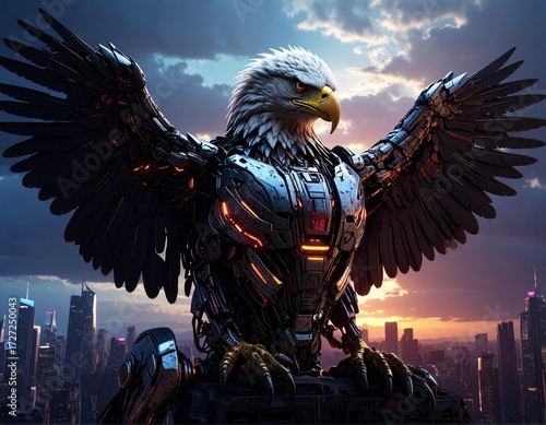 Futuristic cybernetic bald eagle with metallic wings and glowing core perched over a city skyline at sunset — high-detail, dramatic, sci-fi guardian. Generative AI illustration.
