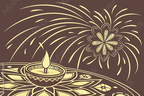 intricate gold floral pattern, glowing diya lamp, radiant fireworks explosion, dramatic lighting, fantasy, digital art