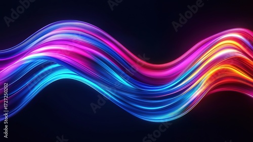 3D render of colorful neon light wave lines on black background, abstract glowing design element
