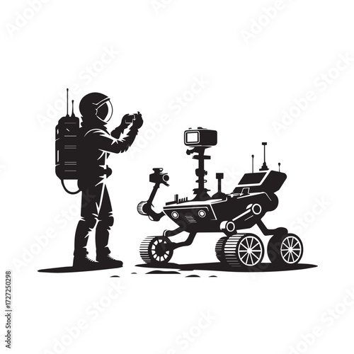 Vector art of astronaut in a spacesuit holding a camera, standing next to a mars rover on a barren planet surface
