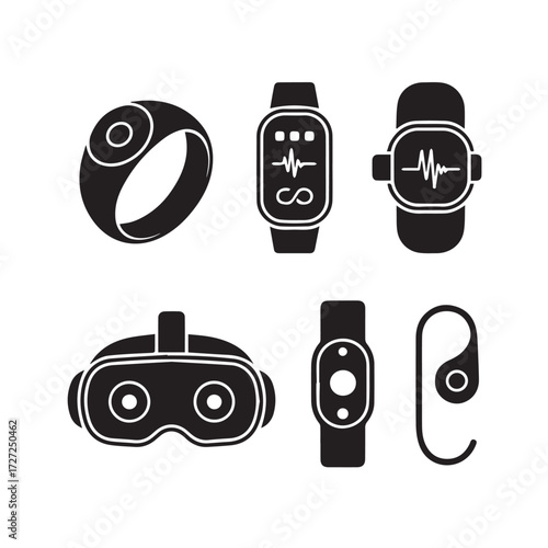 Vector art of assortment of wearable technology and health monitoring devices like smartwatches and vr goggles