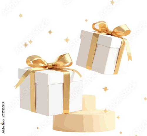 White gift boxes with gold ribbons floating above platform in festive celebration illustration with sparkles