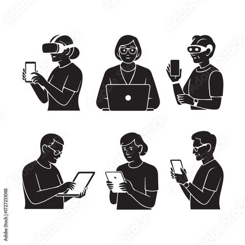 Vector art of collection of diverse individuals using various electronic devices and digital tools