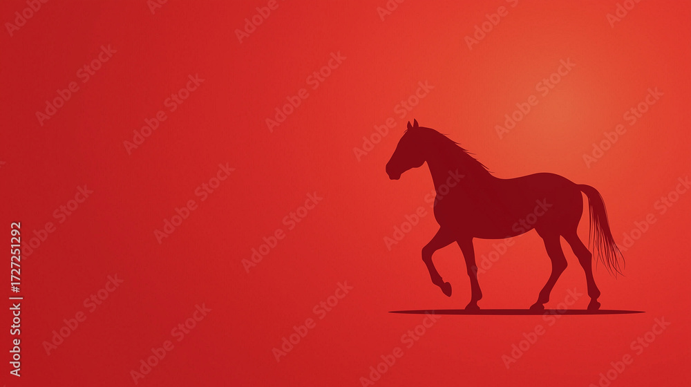 Obraz premium Chinese New Year of the Horse 2026, minimalistic red horse silhouette on red background with space for text.