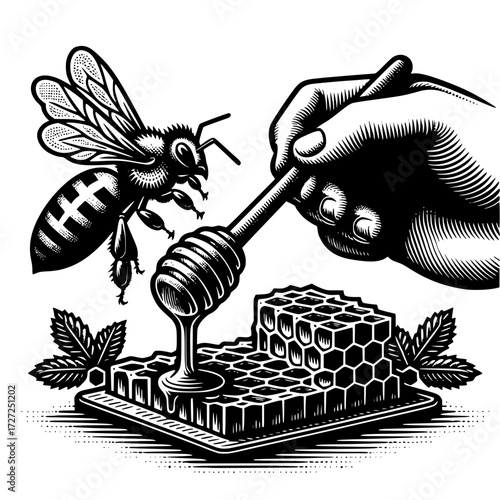 Honey dipper and honeycomb with bee in black vector icon with transparent background 