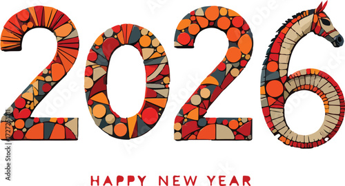 2026 mosaic digits with stylized horse head and “Happy New Year” greeting in festive zodiac illustration