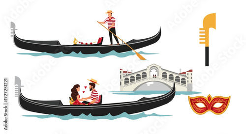 A charming vector collection of Venetian travel elements featuring a romantic couple on a gondola ride, a traditional gondolier, the iconic Rialto Bridge