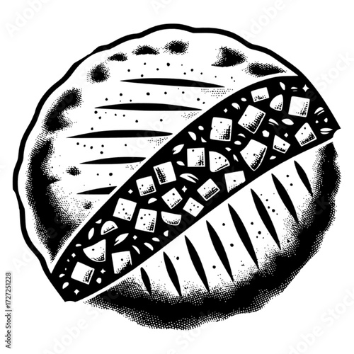 Pita bread cut in half with filling black vector icon with transparent background 