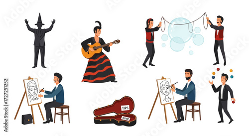 Vibrant cartoon illustration depicting diverse street performers including a guitarist, magician, bubble artist, caricaturist, and juggler, capturing a lively and dynamic atmosphere