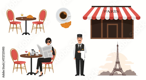 Explore the charm of a Parisian cafe scene with illustrations. A lady reading the newspaper, delicious coffee and croissant, a waiter with a towel, and the iconic Eiffel Tower