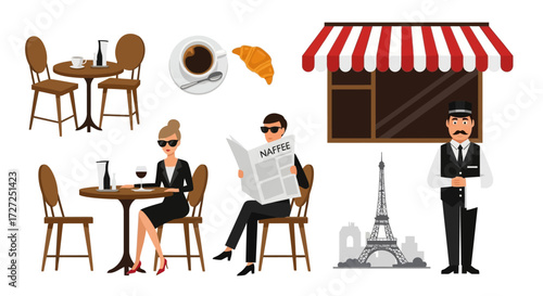 Illustration of a Parisian cafe scene with people, coffee, croissants, and the Eiffel Tower. Includes cafe table and waiter, ideal for travel and lifestyle concepts