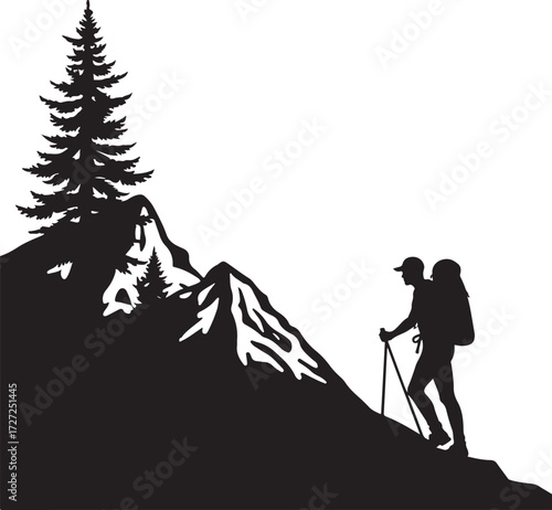 Silhouette hiker with backpack and poles climbing mountain near pine tree