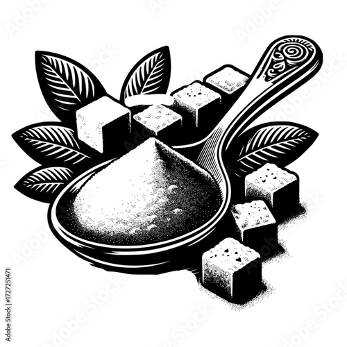 Yeast cubes and powder in vintage spoon with leaves black vector icon with transparent background 