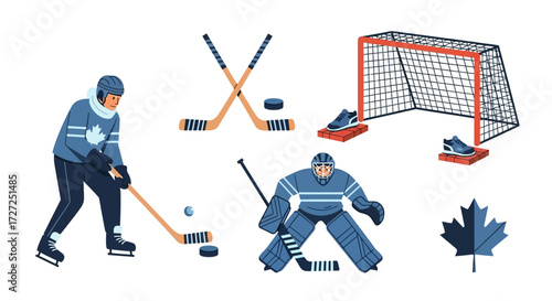 Dynamic flat illustration of core ice hockey elements active player, goalie, sticks, pucks, goal net, skates. Ideal for winter sports and competitive game themes
