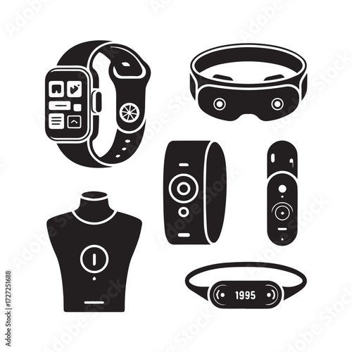 Vector art of collection of modern wearable technology gadgets including smartwatch, fitness tracker, and vr headset