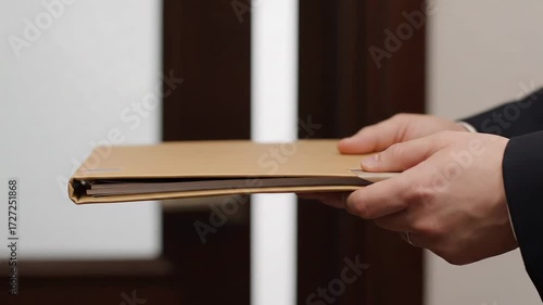 Business professionals exchanging documents in office environment