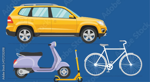 An illustrated guide to transportation options Car, scooter, bicycle, and other modes, perfect for travel, city life, and Whisk_1735572b26262ff988f48ee56c1404d4dr