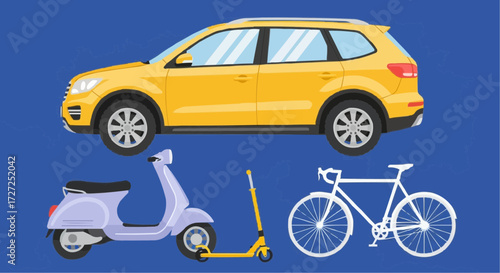 An illustrated collection of common modes of transportation including a car, a scooter, and a bicycle against a solid blue background, perfect for graphic design projects
