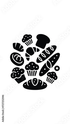 Collection of black silhouette baked goods including bread croissants and muffins arranged in a circle