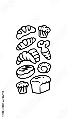 Collection of hand drawn bakery items including bread croissants muffins and pastries
