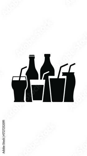 Collection of black silhouette icons representing various drinks in bottles cups and cans