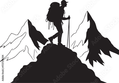 Silhouette hiker with backpack and poles on mountain peak