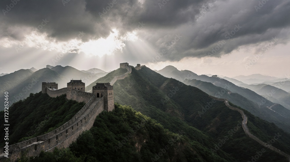 Fototapeta premium Ancient stone wall winding through lush mountains under dramatic sky with sun rays