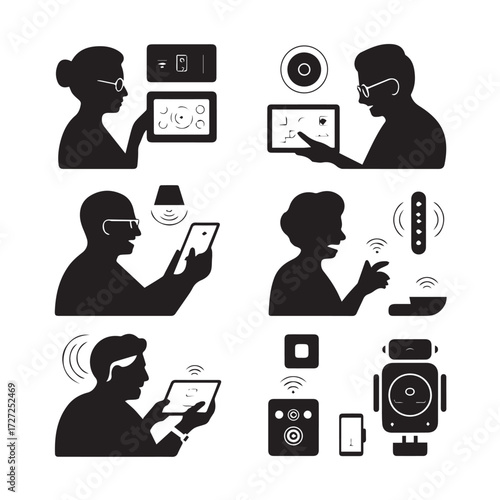 Vector art of diverse group of people silhouetted in black, interacting with smart home devices and tablets