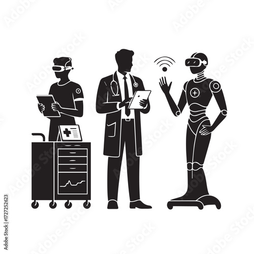 Vector art of doctor and robot interacting with medical data using vr headsets and tablets, futuristic healthcare concept