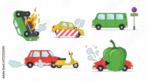 A collection of isolated vector illustrations depicting various cartoon car accidents, road mishaps, and traffic incidents, suitable for representing insurance claims or safety awareness