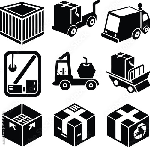 Set of nine black and white icons representing logistics and shipping including crates forklifts trucks and delivery boxes for supply chain management concepts