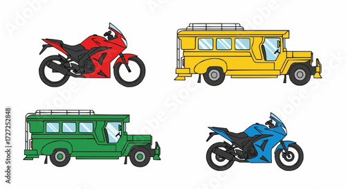 Vector illustrations of motorcycle and jeepney transport vehicles in various colors, ideal for depicting travel or transportation scenarios