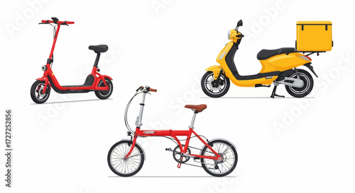 Collection of modern transportation vehicles electric scooters, a folding bike, and a scooter, showcasing sustainable and eco-friendly urban mobility options