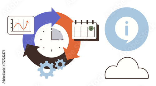Circular arrows around clock, calendar with checkmark, chart, and cloud highlight organization, productivity, teamwork, data synchronization, resource sharing task prioritization. Simplified flat