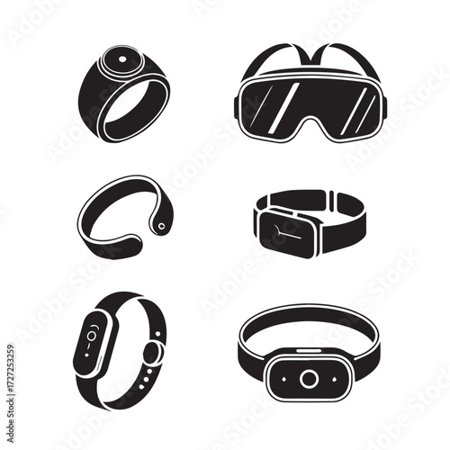 Vector art of group of black silhouette icons for wearable technology and sports gear, featuring a vr headset, smart rings, and fitness trackers