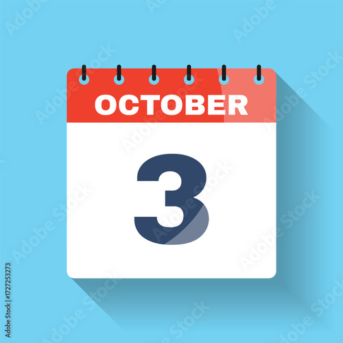 October 3 flat calendar icon with shadow