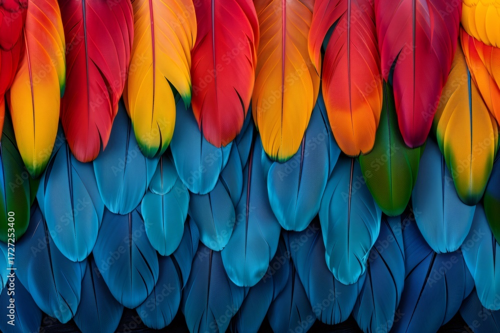 Fototapeta premium Colorful macaw feathers creating vibrant abstract pattern texture