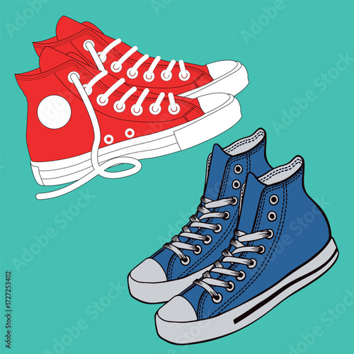 High top sneakers vector illustration in red and blue
