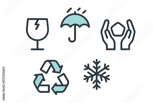 Fragile handle with care keep dry recycling and cold protection symbols for logistics shipping and packaging safety