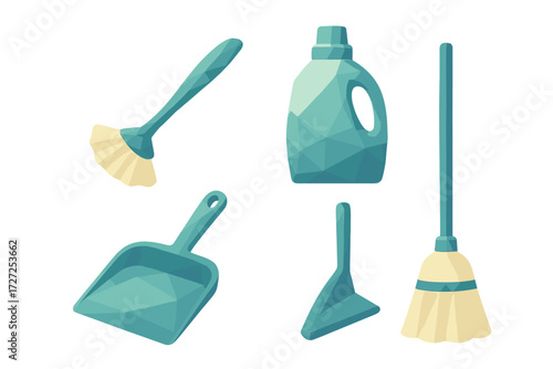 Collection of household cleaning tools and supplies including broom, dustpan, brush, and detergent bottle