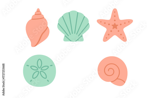 Stylized marine life collection with various seashells, starfish, and sand dollar in pastel colors