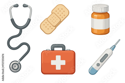 Medical equipment and supplies for healthcare, first aid, and general wellness including stethoscope, thermometer, and bandages