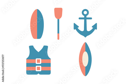 Colorful set of essential water sports and boating equipment including surfboard, paddle, anchor, life vest, and kayak