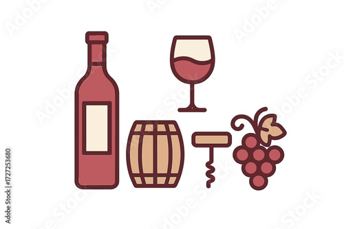 Collection of wine related items including bottle, glass, grapes, barrel, and corkscrew for beverage industry
