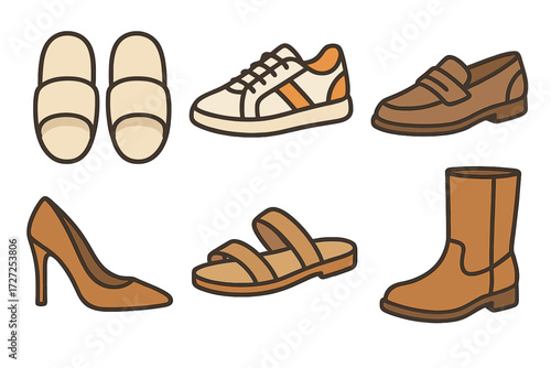 Variety of footwear styles including casual sneakers, elegant high heels, comfortable slippers, and sturdy boots