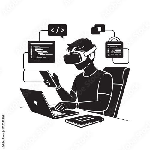 Vector art of man wearing vr headset coding on laptop with digital interface and code snippets