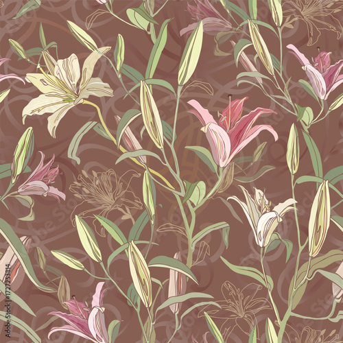 Bohemian Lilies Warm Taupe Autumn Floral Seamless Pattern